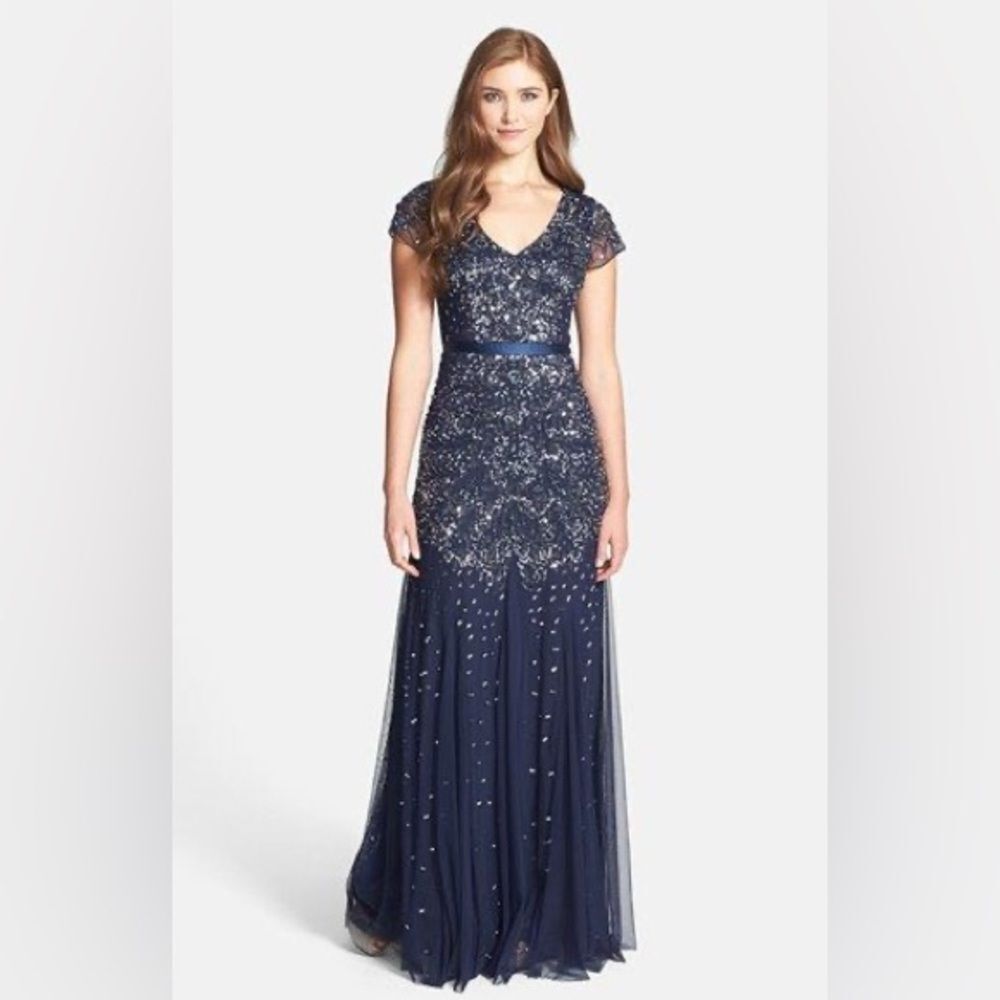 Adrianna Papell Dress Womens 10 Navy Sequin Mesh Maxi Gown Formal Cap Sleeve